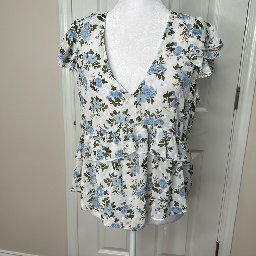 Miss Selfie  ruffled white and blue floral top